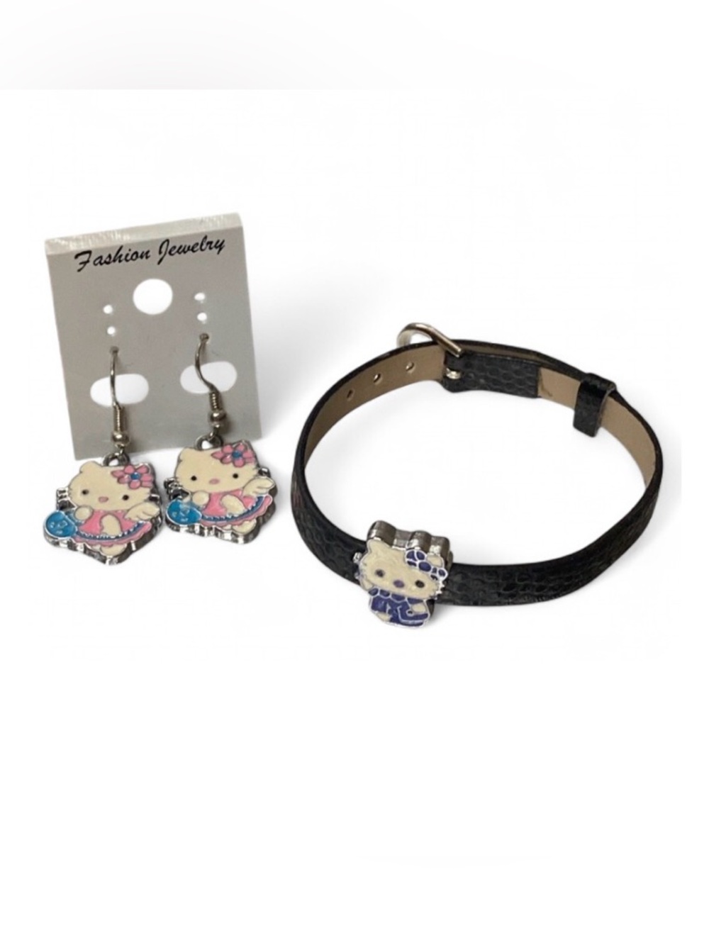 Sanrio Hello Kitty Faux Alligator Black Wristband Bracelet Earrings  Kawaii Set